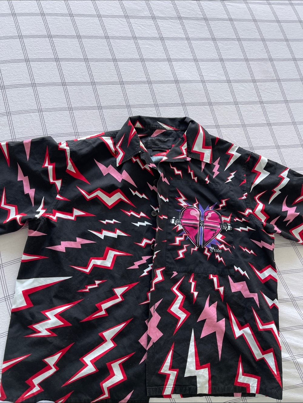Prada Black Shirt with Pink, Red, White Lightning Heart Motif